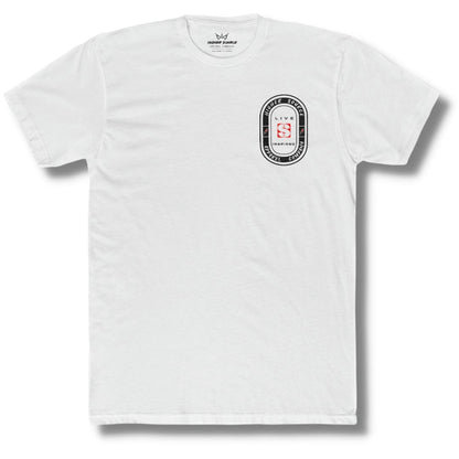 Front side of a white t shirt with an oval shaped higher source apparel company logo in black in the upper left breast area. The font is white with two red and black lighting bolts. “Live inspired” surrounds the red logo in the center.
