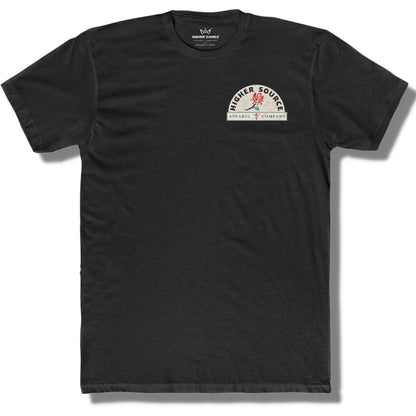 Front side of a black t shirt with higher source logo in black font along with a lava red rose. The logo is in upper left breast area.