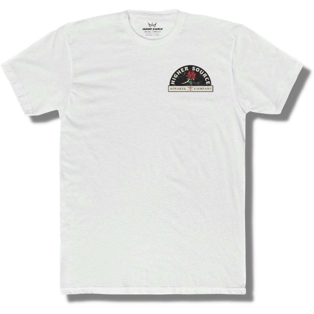 Front side of a white t shirt with higher source logo in pastel grey font along with a lava red rose. The logo is in upper left breast area.