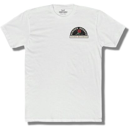 Front side of a white t shirt with higher source logo in pastel grey font along with a lava red rose. The logo is in upper left breast area.