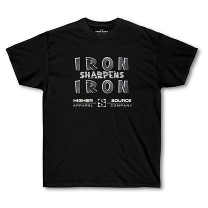 Front side of a women's higher source apparel slightly oversized black t shirt with “iron sharpens iron” in bold black and American silver font and higher source apparel company below in black font.