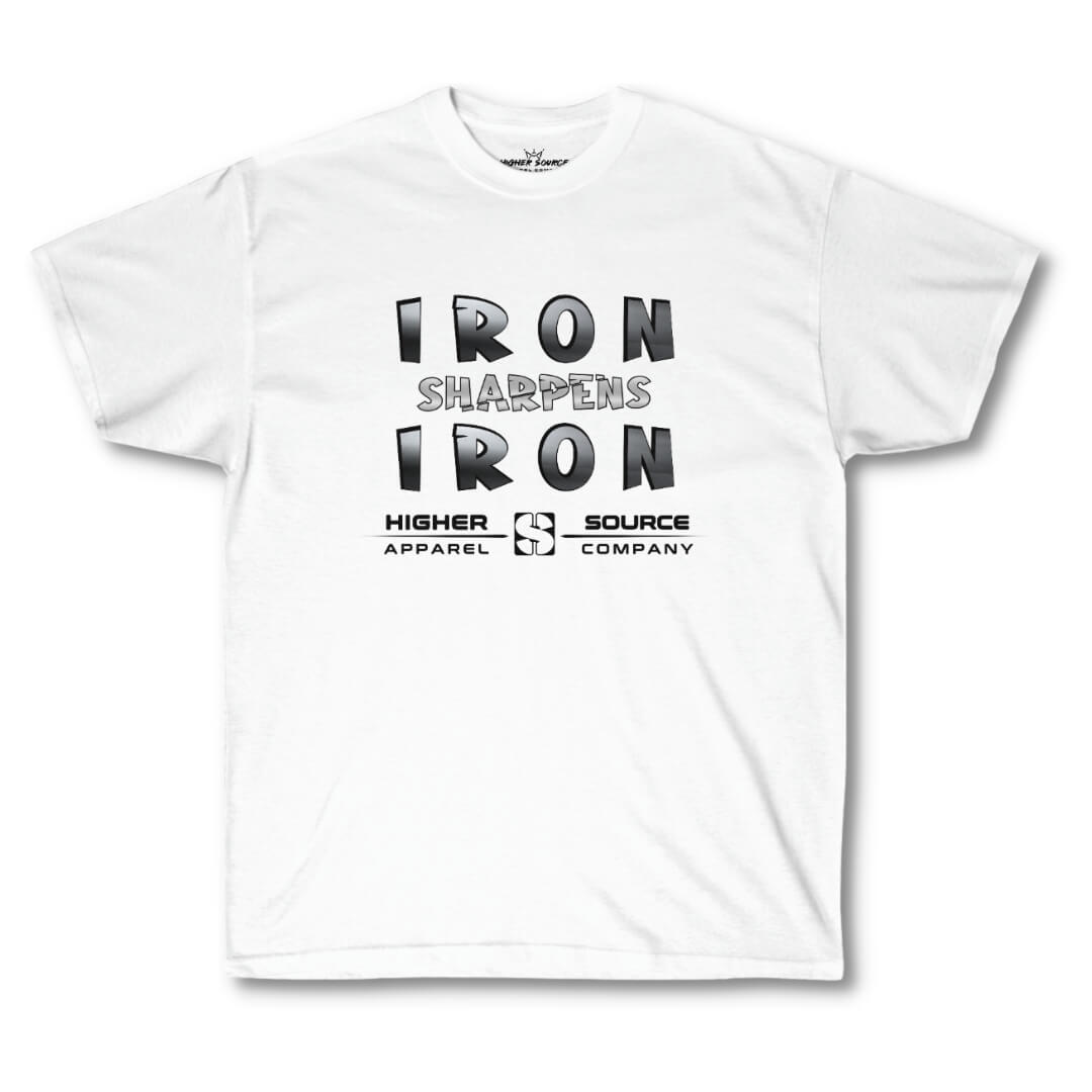 Front side of a women's higher source apparel slightly oversized white t shirt with “iron sharpens iron” in bold black and American silver font and higher source apparel company below in black font.