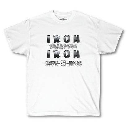 Front side of a women's higher source apparel slightly oversized white t shirt with “iron sharpens iron” in bold black and American silver font and higher source apparel company below in black font.