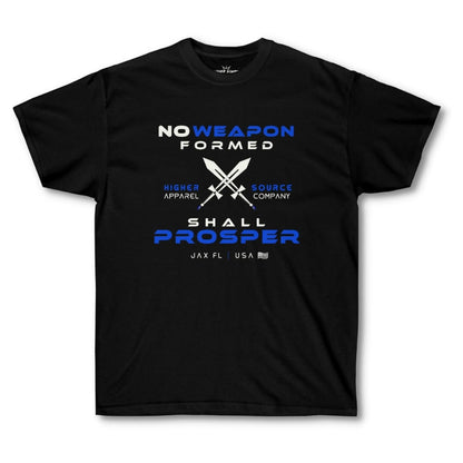 Front side of a women’s black slightly oversized t shirt with no weapon formed shall prosper in black and absolute zero blue font. A pair of swords are crossed in the center of the shirt along with higher source apparel company in black and absolute zero blue font. 