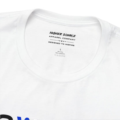The inside neck label of a white higher source apparel t shirt 