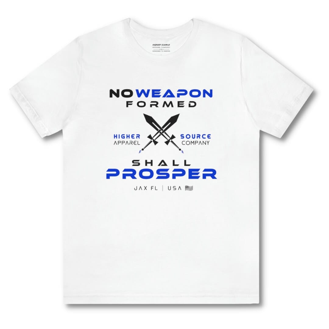 Front side of a women’s white t shirt with no weapon formed shall prosper in black and absolute zero blue font. A pair of swords are crossed in the center of the shirt along with higher source apparel company in black and absolute zero blue font. 