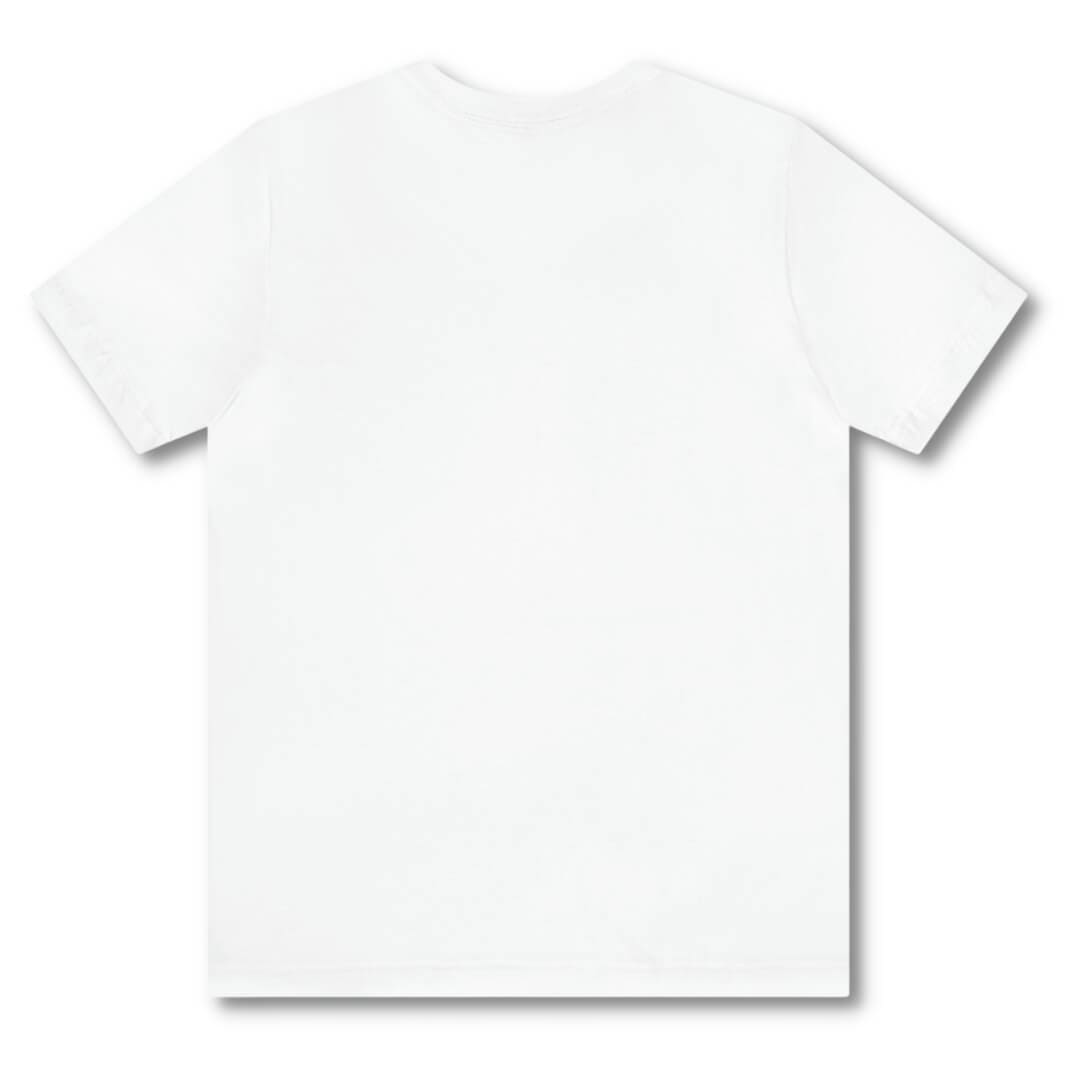 Blank back side of a women's white higher source apparel t shirt