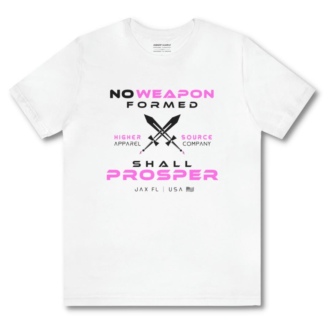 Front side of a women’s white t shirt with no weapon formed shall prosper in black and pale magenta font. A pair of swords are crossed in the center of the shirt along with higher source apparel company in black and pale magenta font.