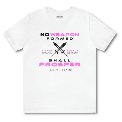 Front side of a women’s white t shirt with no weapon formed shall prosper in black and pale magenta font. A pair of swords are crossed in the center of the shirt along with higher source apparel company in black and pale magenta font.