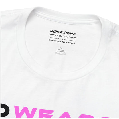 The inside neck label of a white higher source apparel t shirt 