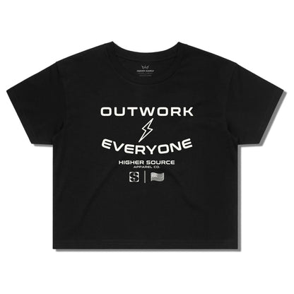 Front side of a women's black higher source apparel streetwear crop tee. Outwork everyone is in large cultured (off white) font surrounding a cultured lightening bolt. Higher source apparel company is below in smaller cultured font along with the higher source HS logo and an abstract American flag.