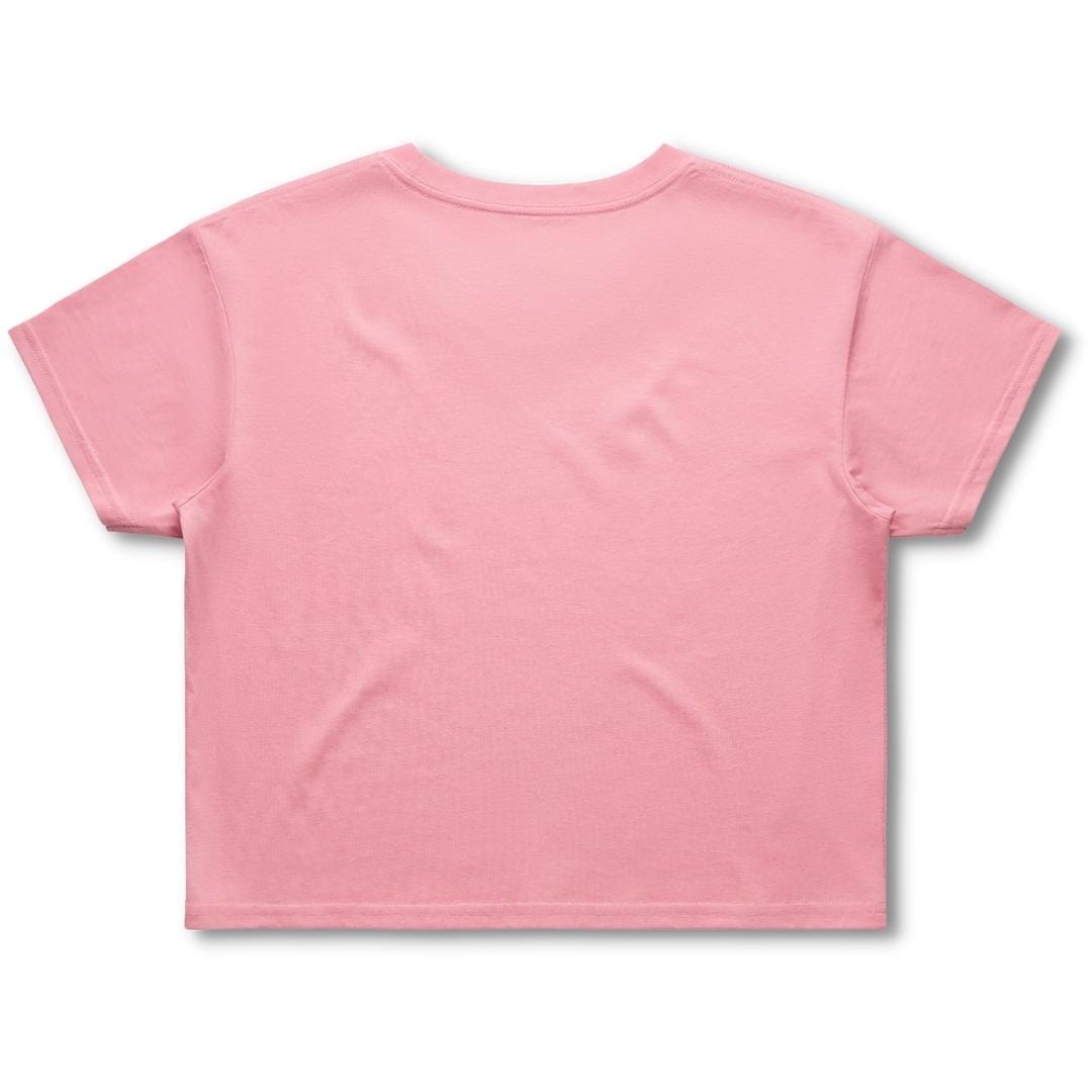 Blank back side of a higher source apparel women's streetwear crop tee in bubblegum.
