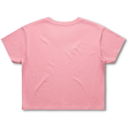 Blank back side of a higher source apparel women's streetwear crop tee in bubblegum.