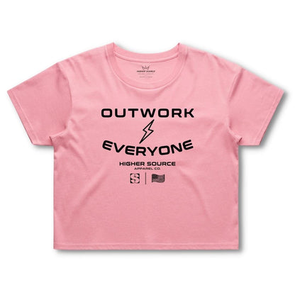 Front side of a women's bubblegum (color) higher source apparel streetwear crop tee. Outwork everyone is in large black font surrounding a black lightening bolt. Higher source apparel company is below in smaller black font along with the higher source HS logo and an abstract american flag.
