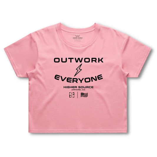 Front side of a women's bubblegum (color) higher source apparel streetwear crop tee. Outwork everyone is in large black font surrounding a black lightening bolt. Higher source apparel company is below in smaller black font along with the higher source HS logo and an abstract american flag.