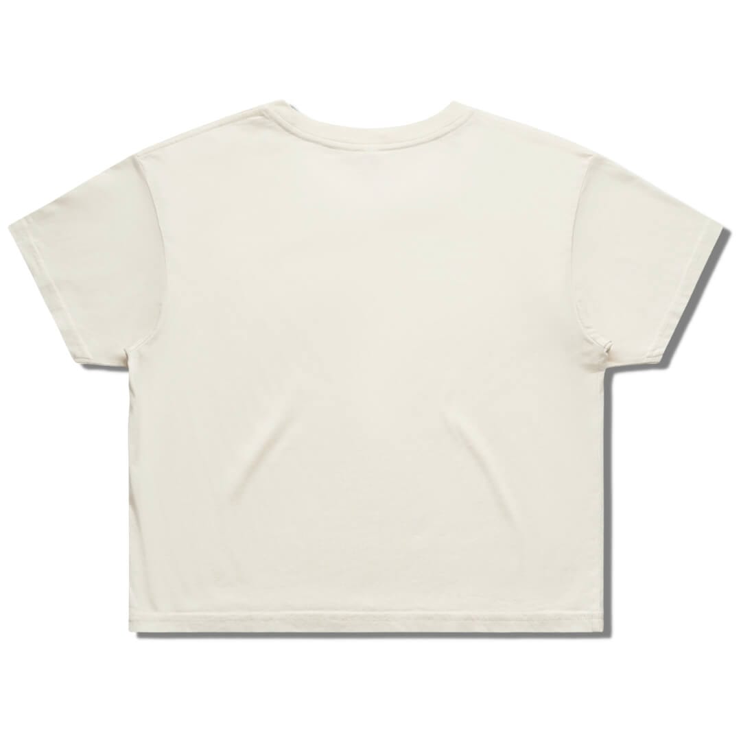 Blank back side of a higher source apparel women's streetwear crop tee in ecru