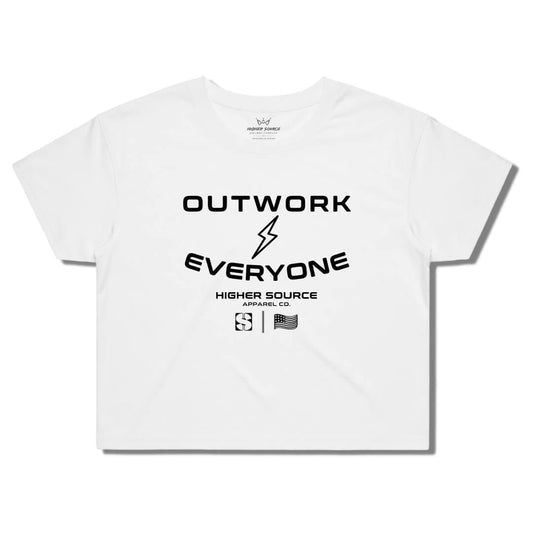 Front side of a women's white higher source apparel streetwear crop tee. Outwork everyone is in large black font surrounding a black lightening bolt. Higher source apparel company is below in smaller black font along with the higher source HS logo and an abstract american flag.