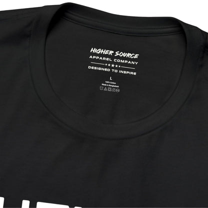 The inside neck label of a black higher source apparel t shirt 