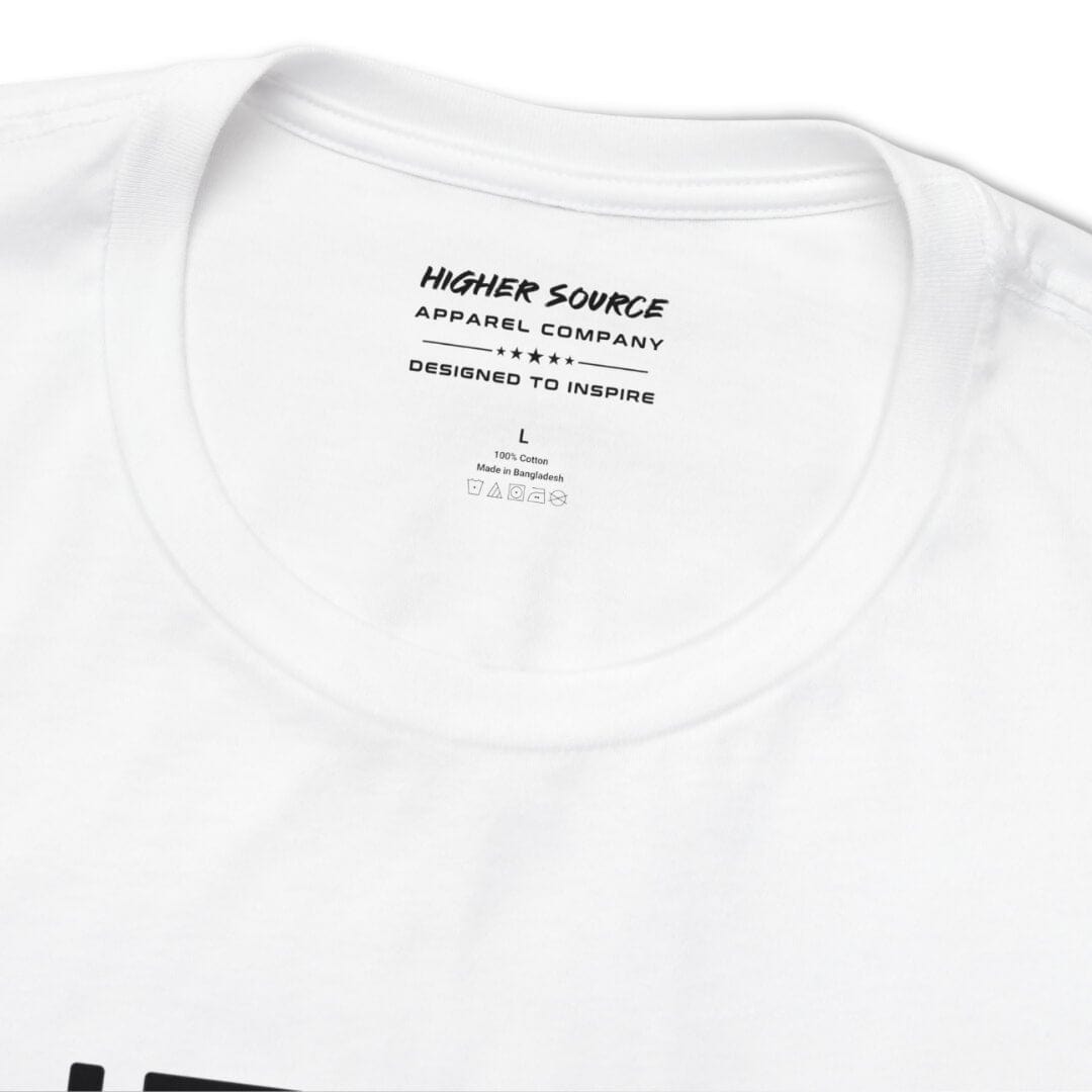 The inside neck label of a women's white higher source apparel t shirt 