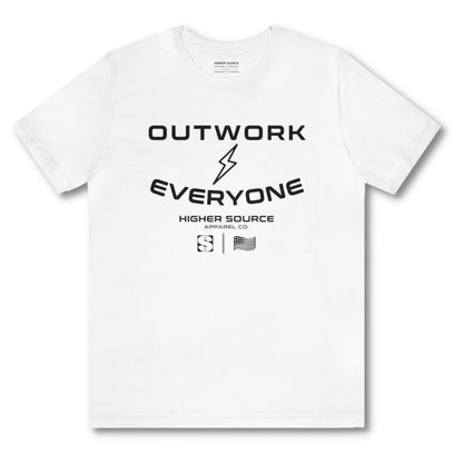 Front side of a women's white higher source apparel t shirt. Outwork everyone is in large black font surrounding a black lightening bolt. Higher source apparel company is below in smaller black font along with the higher source HS logo and an abstract american flag.