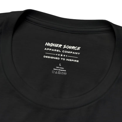 The inside neck label of a black higher source apparel t shirt 