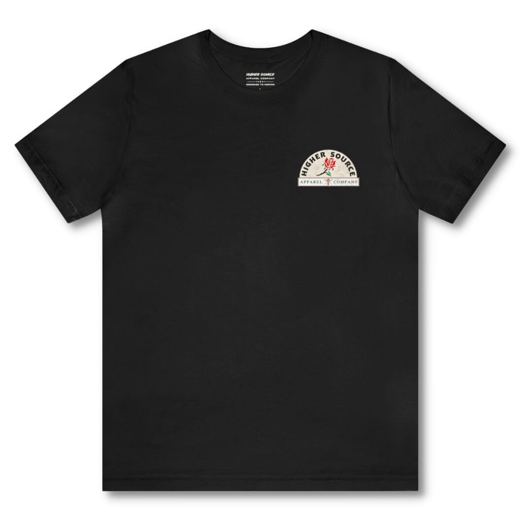 Front side of a women’s black t shirt with higher source logo in black font along with a lava red rose. The logo is in upper left breast area