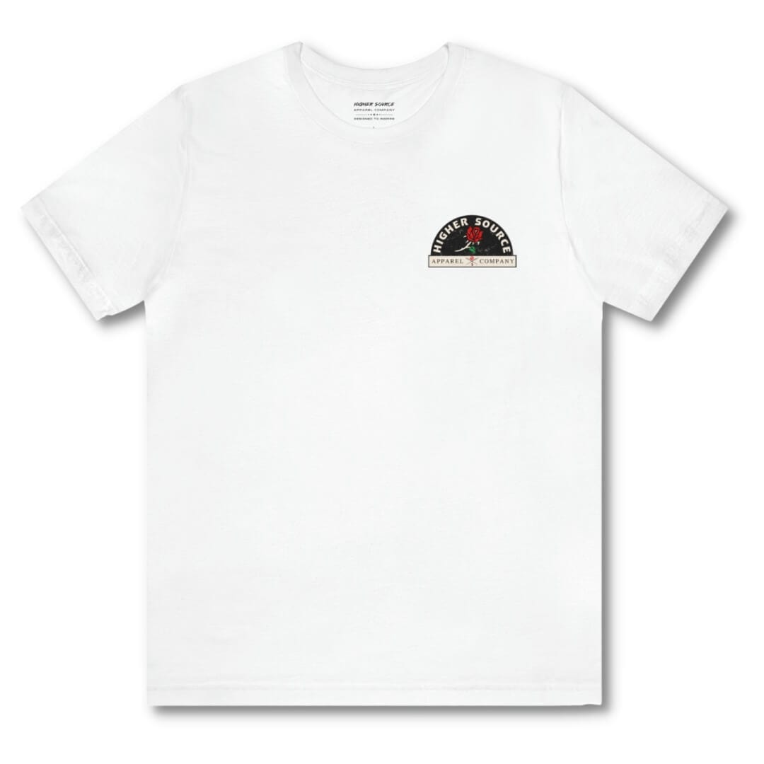 Front side of a women’s white t shirt with the higher source logo in pastel grey font along with a lava red rose. The logo is in upper left breast area. 