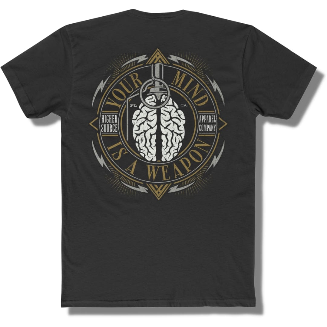 Back side of a black t shirt with “your mind is a weapon” in a circular logo. There is an image of a brain grenade in the center.