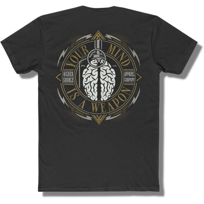Back side of a black t shirt with “your mind is a weapon” in a circular logo. There is an image of a brain grenade in the center.