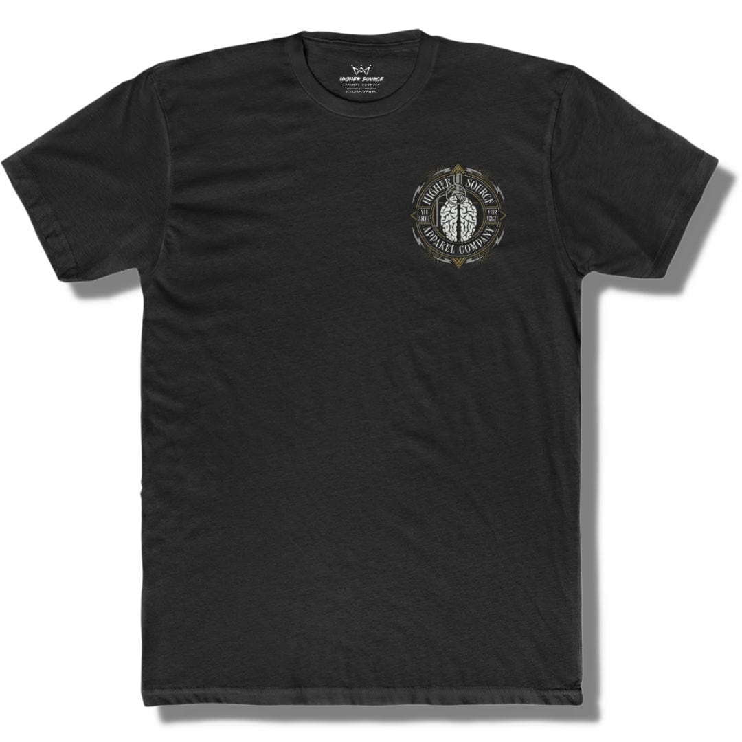 Front side of a black t shirt with a higher source logo in the upper left breast area. The logo is in a circular shape with an image of a brain grenade in the center.
