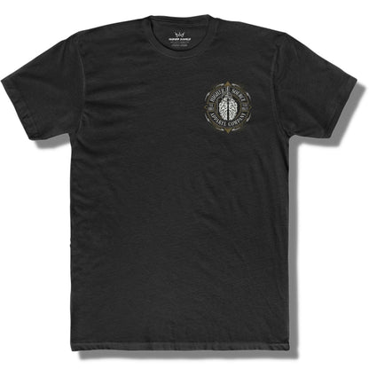 Front side of a black t shirt with a higher source logo in the upper left breast area. The logo is in a circular shape with an image of a brain grenade in the center.