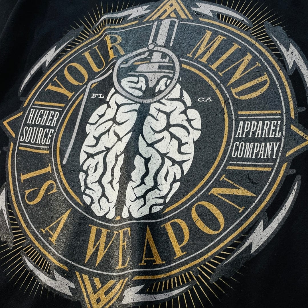 Your mind is a weapon is written in spanish bistre font along with a brain grenade in the center
