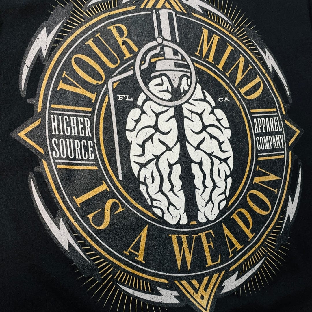 Your mind is a weapon is written in spanish bistre font along with a brain grenade in the center