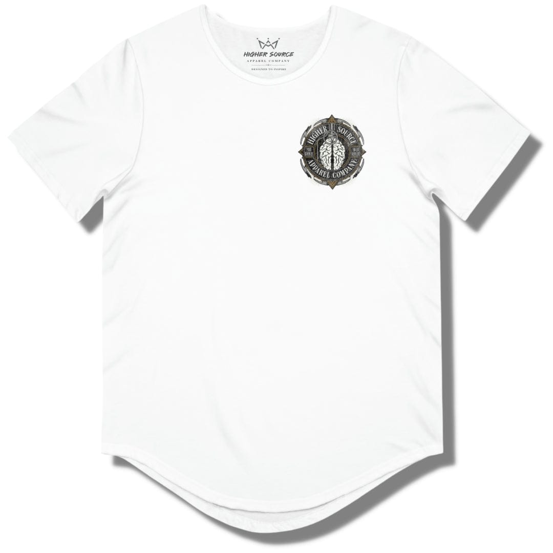 Front side of a white curved hem t shirt with a higher source logo in the upper left breast area. The logo is in a circular shape with an image of a brain grenade in the center.
