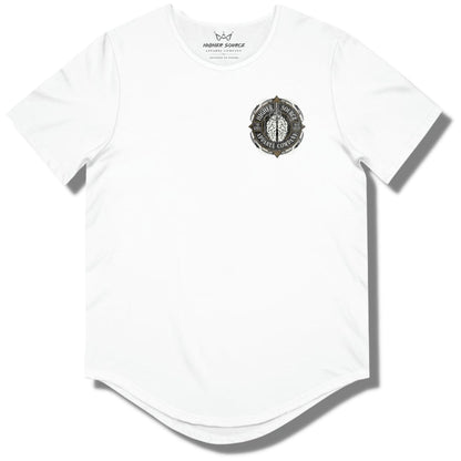 Front side of a white curved hem t shirt with a higher source logo in the upper left breast area. The logo is in a circular shape with an image of a brain grenade in the center.