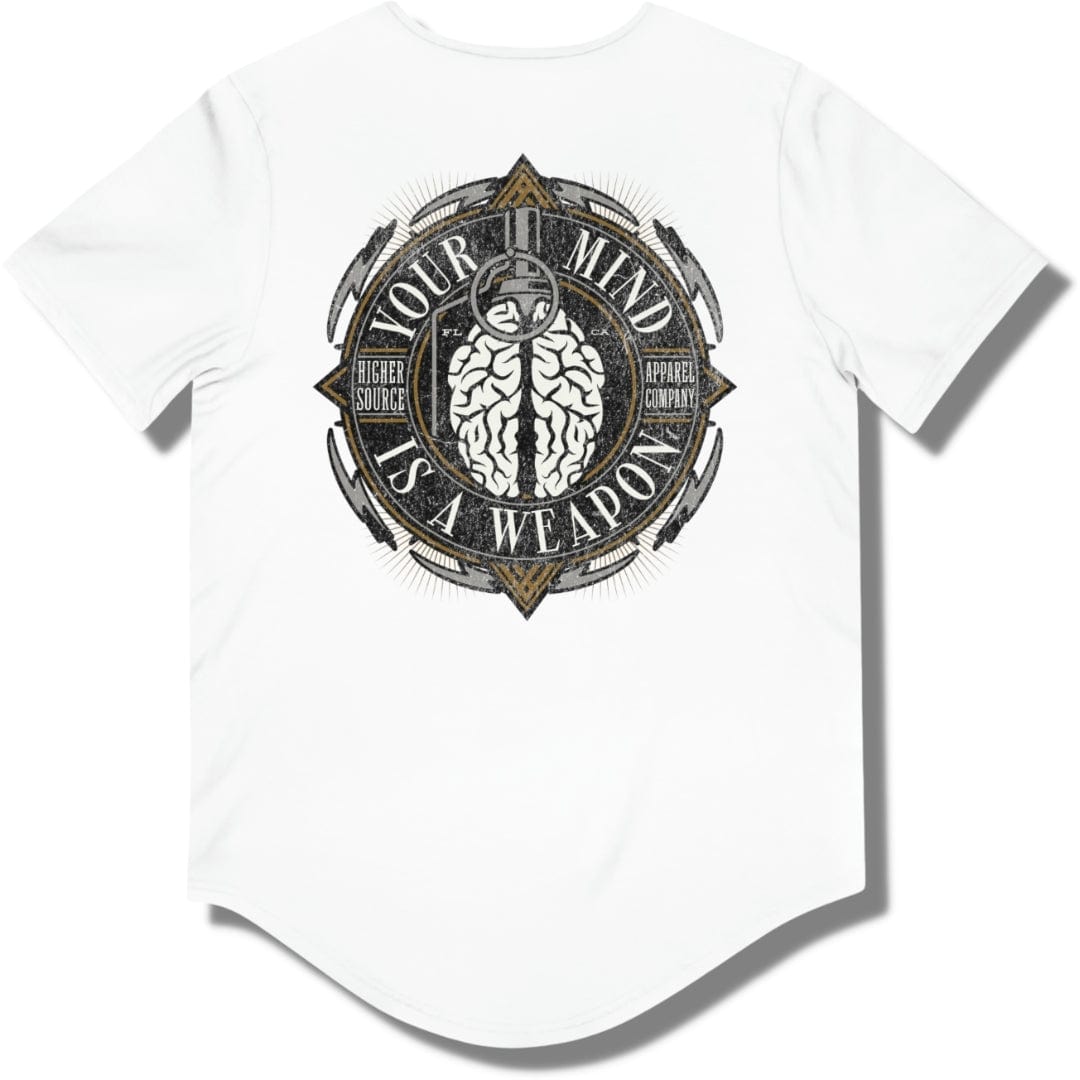 Back side of a white higher source apparel curved hem t shirt with “your mind is a weapon” in a circular logo. There is an image of a brain grenade in the center.