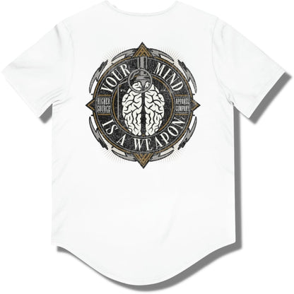 Back side of a white higher source apparel curved hem t shirt with “your mind is a weapon” in a circular logo. There is an image of a brain grenade in the center.