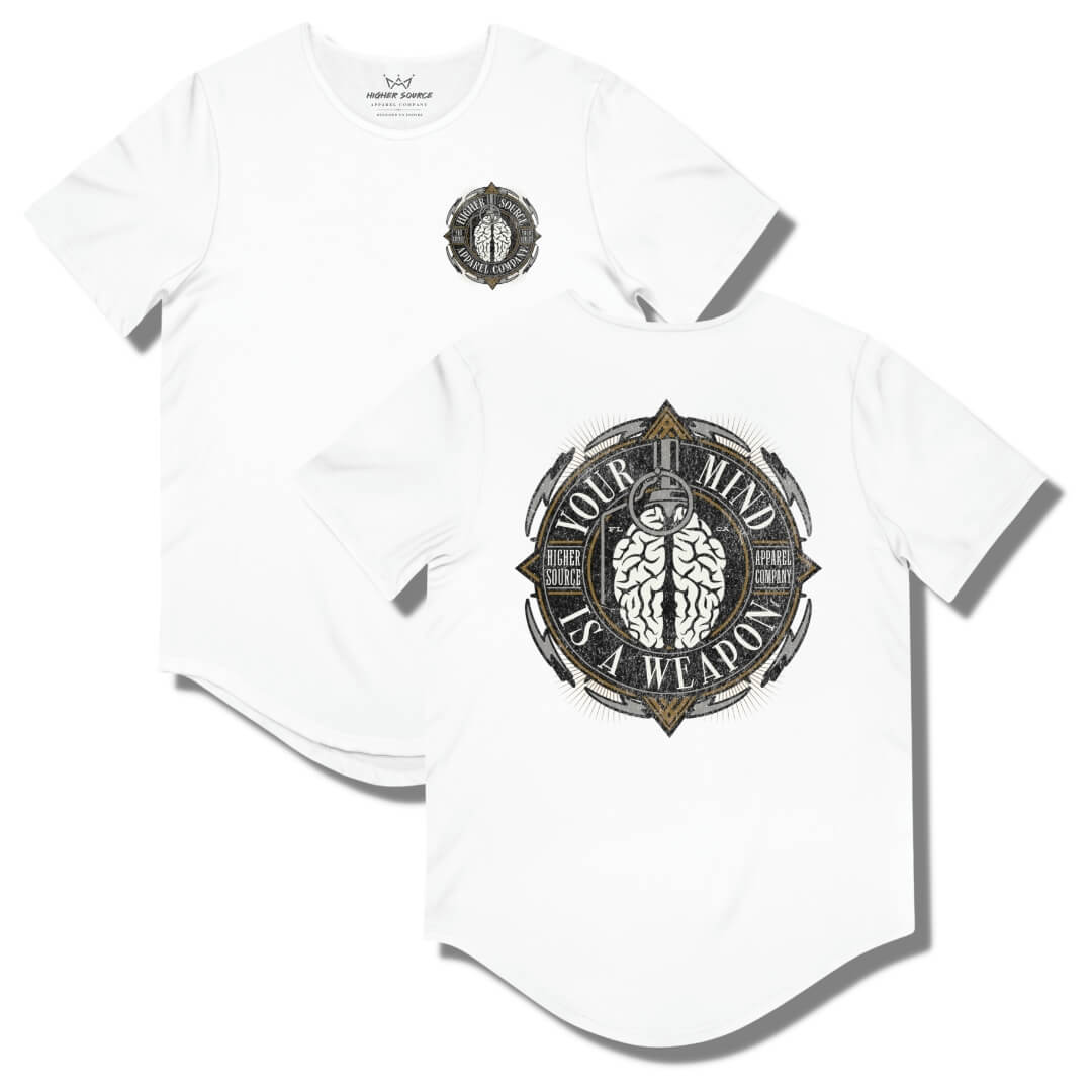 Front and back side of a white higher source apparel curved hem t shirt with “your mind is a weapon” in a circular logo. There is an image of a brain grenade in the center.