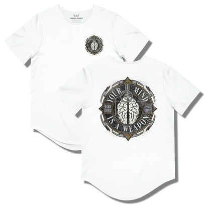 Front and back side of a white higher source apparel curved hem t shirt with “your mind is a weapon” in a circular logo. There is an image of a brain grenade in the center.