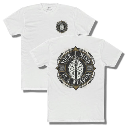 Front and back side of a white higher source apparel t shirt with “your mind is a weapon” in a circular logo. There is an image of a brain grenade in the center.