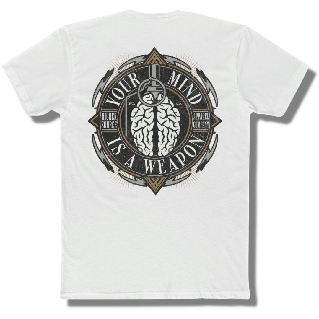 Back side of a white higher source apparel t shirt with “your mind is a weapon” in a circular logo. There is an image of a brain grenade in the center.