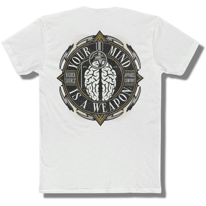 Back side of a white higher source apparel t shirt with “your mind is a weapon” in a circular logo. There is an image of a brain grenade in the center.