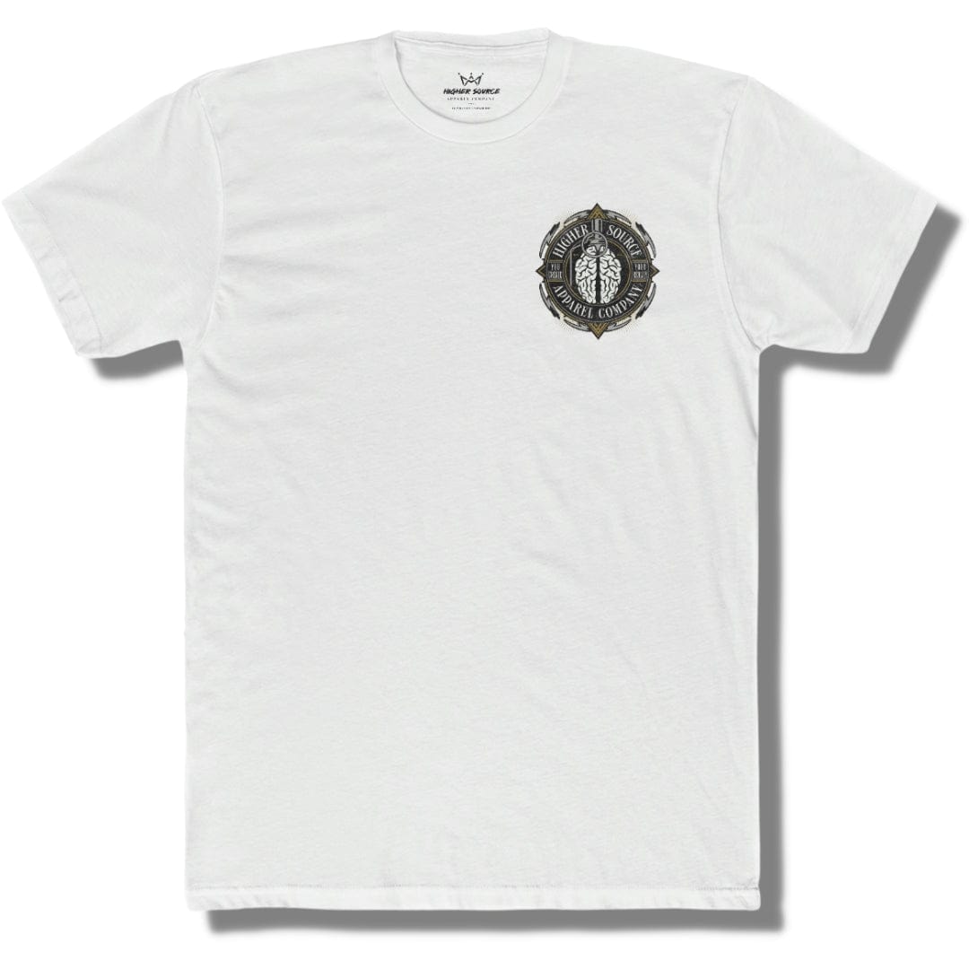 Front side of a white t shirt with a higher source logo in the upper left breast area. The logo is in a circular shape with an image of a brain grenade in the center.