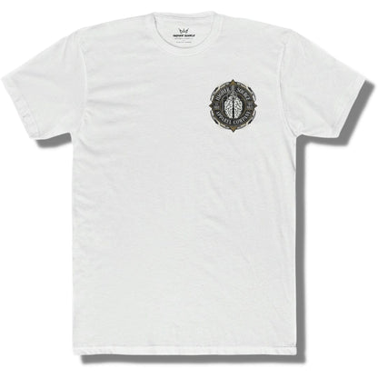 Front side of a white t shirt with a higher source logo in the upper left breast area. The logo is in a circular shape with an image of a brain grenade in the center.